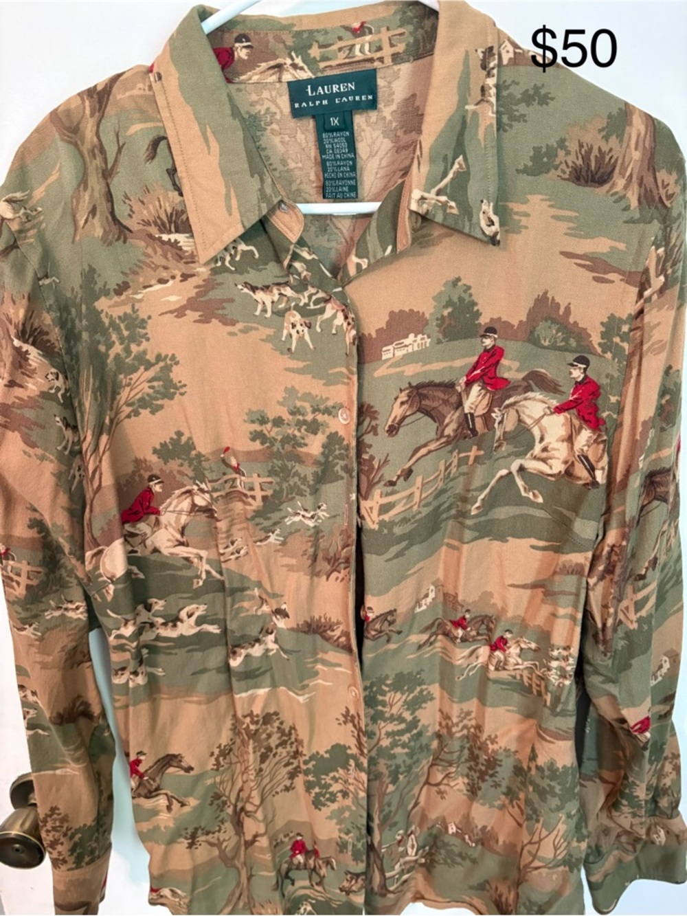 Lauren Ralph Lauren Equestrian Print Shirt in Tan, Green & Red Accents